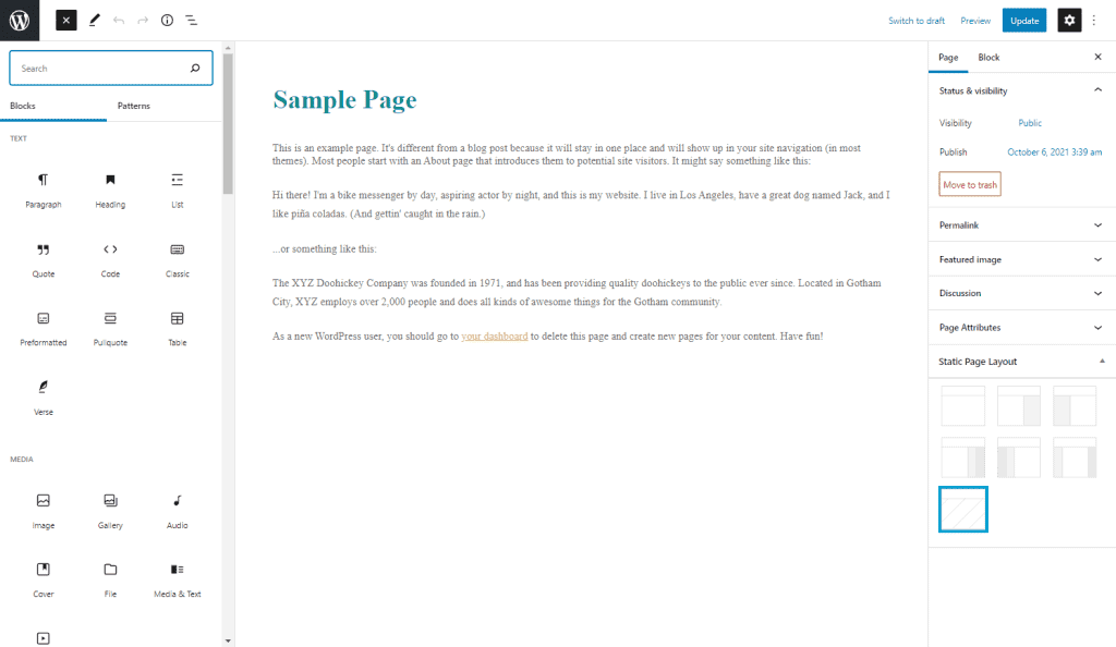 Pagina di esempio di WordPress