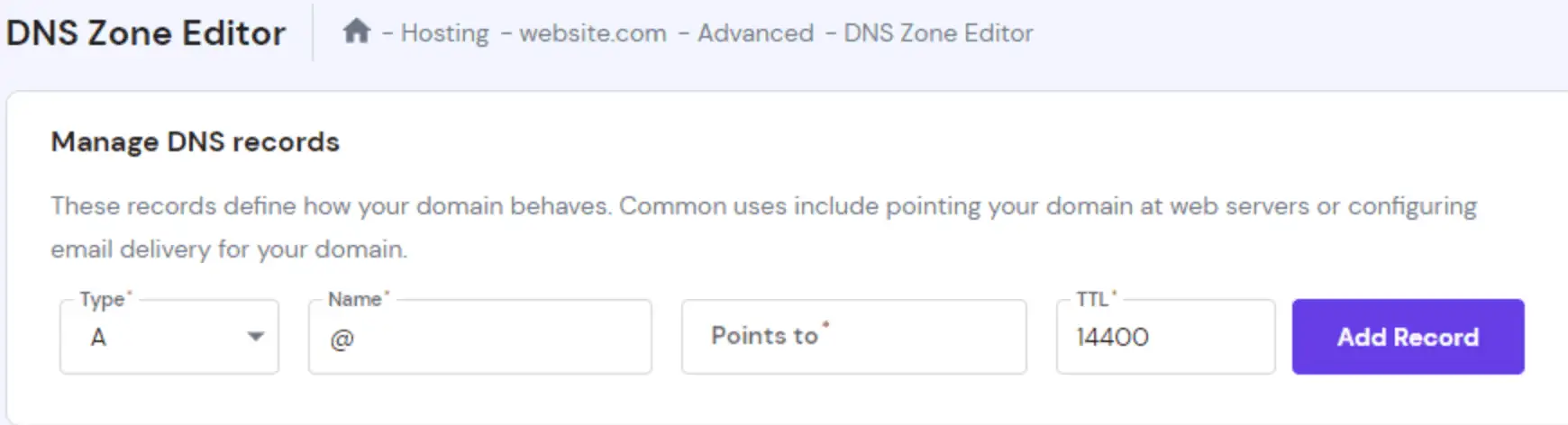 L'Editor di zone DNS su hPanel, che mostra la sezione Gestisci record DNS per aggiungere un nuovo record.