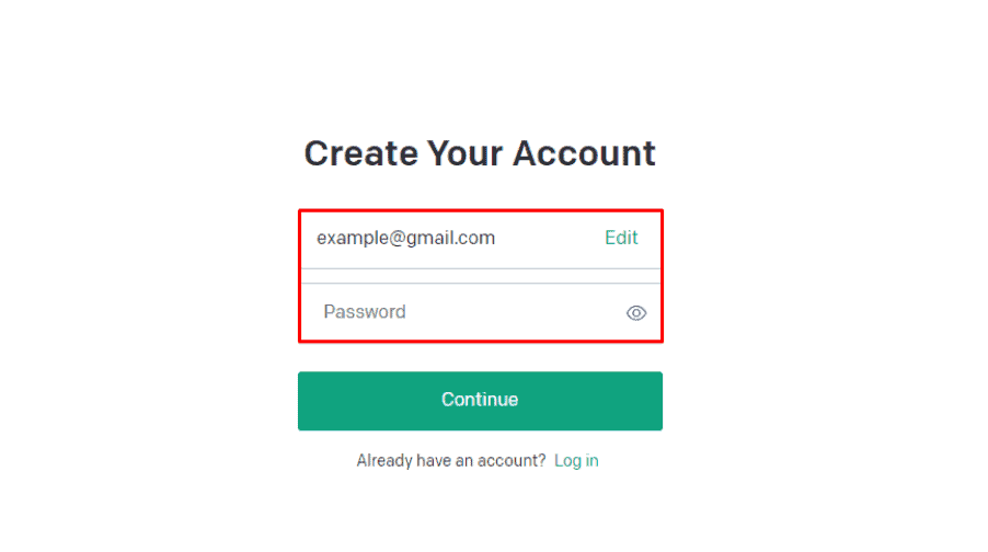 OpenAI crea il tuo account con il campo email e password evidenziato