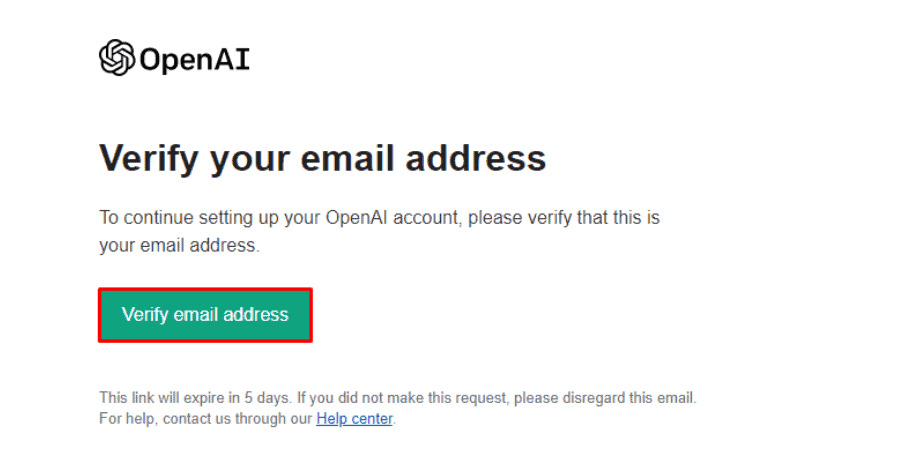 Email di verifica dell'account OpenAI con verifica indirizzo email evidenziato