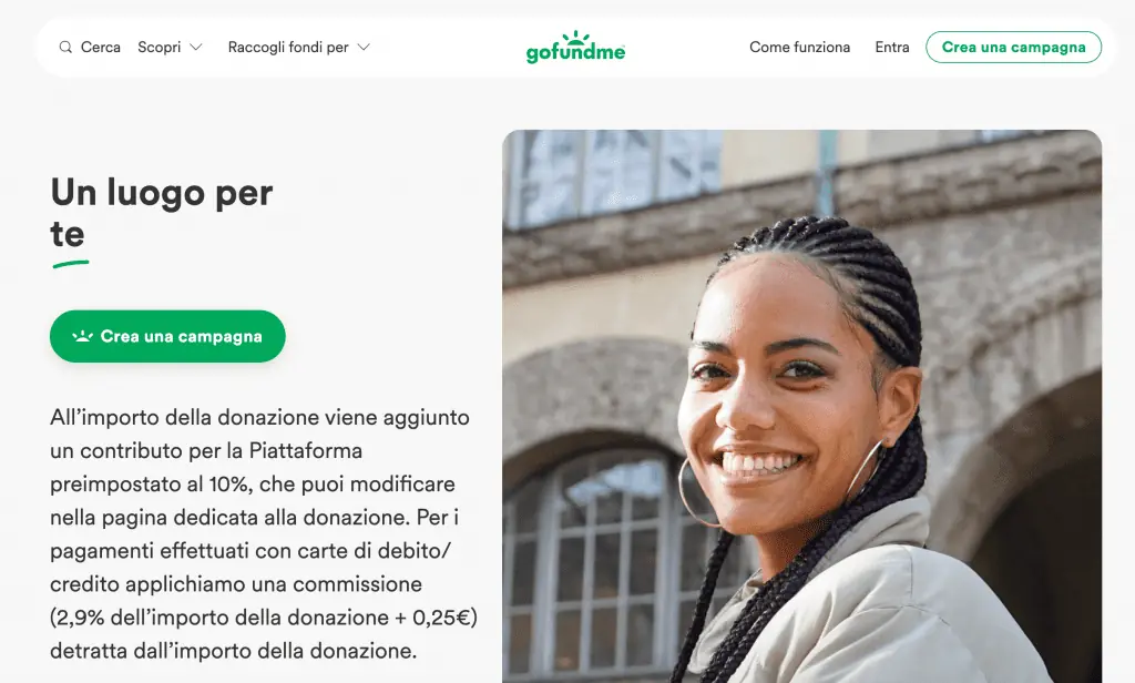 Homepage di GoFundMe per il mercato italiano.