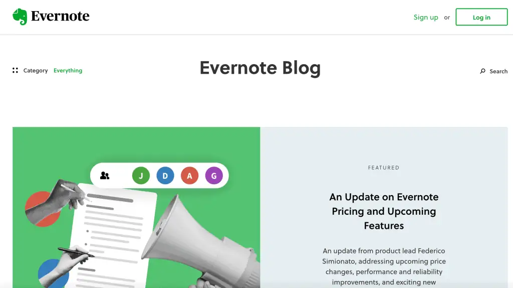 Homepage del blog di Evernote, che condivide aggiornamenti sull'azienda e contenuti rilevanti relativi ai suoi prodotti.