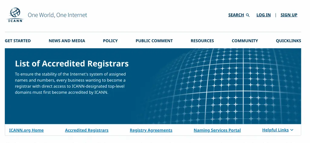 L'elenco delle società di registrazione accreditate dell'ICANN con Hostinger come esempio.