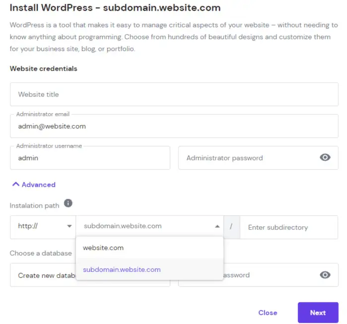 WordPress auto installer on hPanel with the installation path options