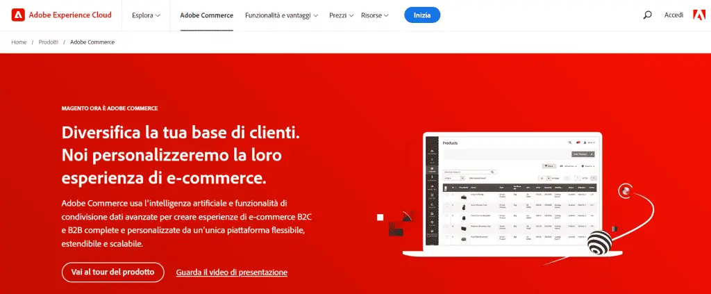 Homepage della piattaforma eCommerce di Adobe e Magneto
