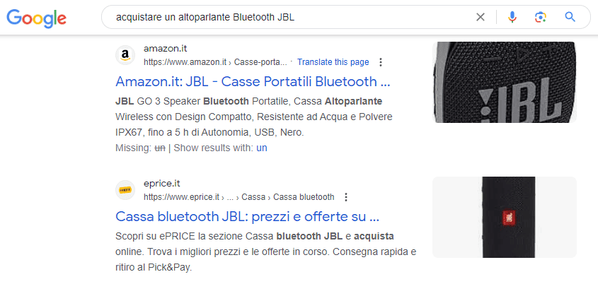 Schermata che mostra i negozi di e-commerce come risultati SERP per query "acquistare un altoparlante JBL"