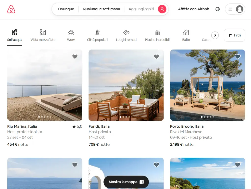 Homepage di Airbnb come esempio di progettazione dell'esperienza utente.