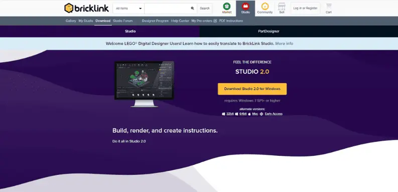 Pagina del software di Bricklink: un reindirizzamento da stud.io