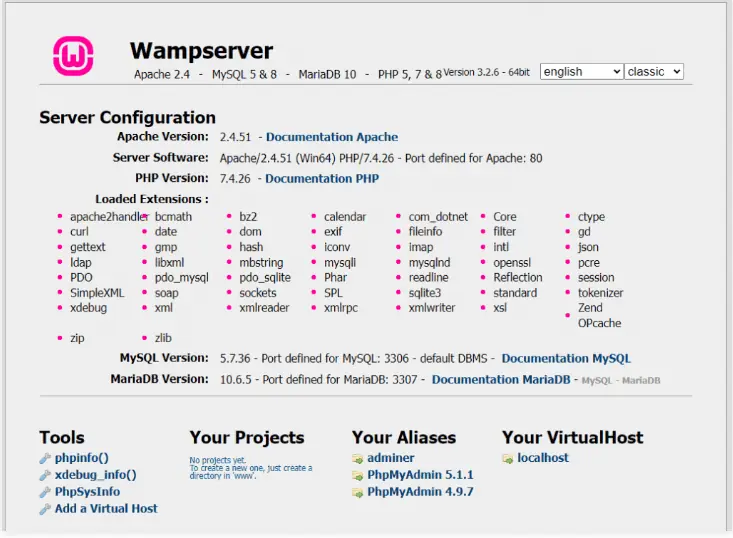 Dettagli di configurazione del server WampServer.