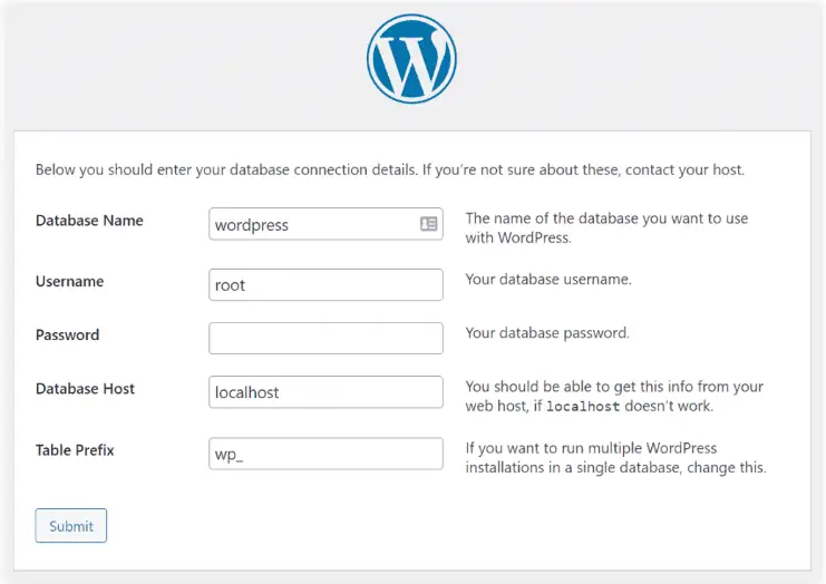 Inserimento dei dettagli di connessione al database per avviare la configurazione di WordPress.