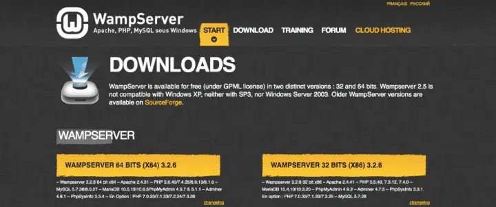 Due opzioni per scaricare WampServer