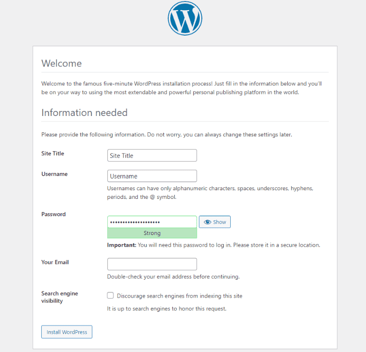 Schermata di installazione di WordPress per inserire le informazioni sul sito web, inclusi titolo del sito, nome utente e password nel secondo metodo di installazione