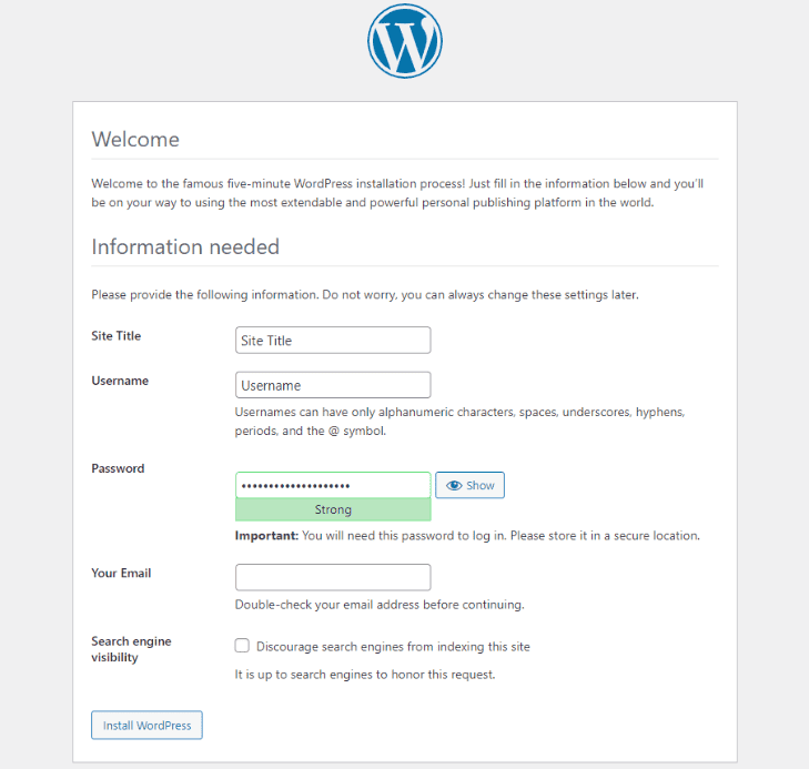 Schermata di installazione di WordPress per inserire le informazioni sul sito web, inclusi titolo del sito, nome utente e password