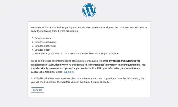 Un elenco di informazioni di cui WordPress ha bisogno per creare il tuo sito di test.