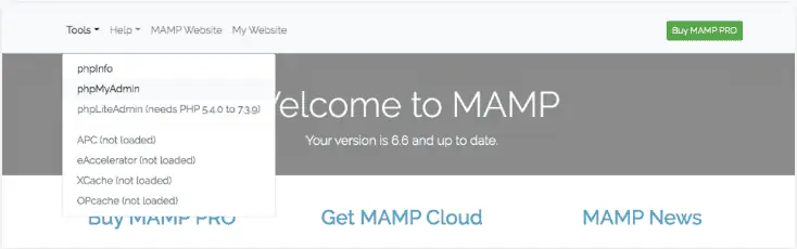 Posizione di phpMyAdmin sul tuo pannello di controllo MAMP.