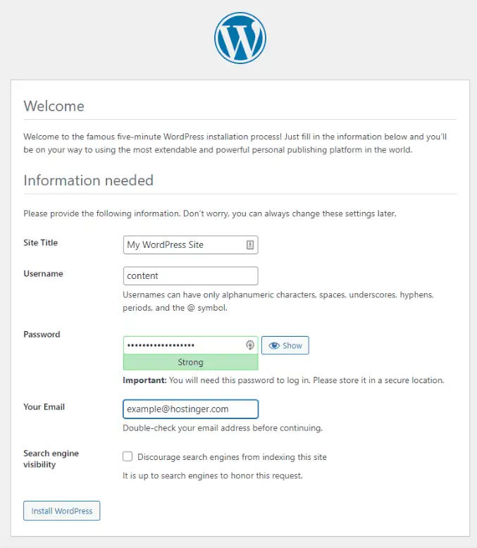 Modulo di installazione WordPress