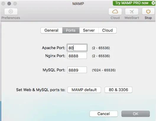 Impostazione della porta Apache MAMP su 80.