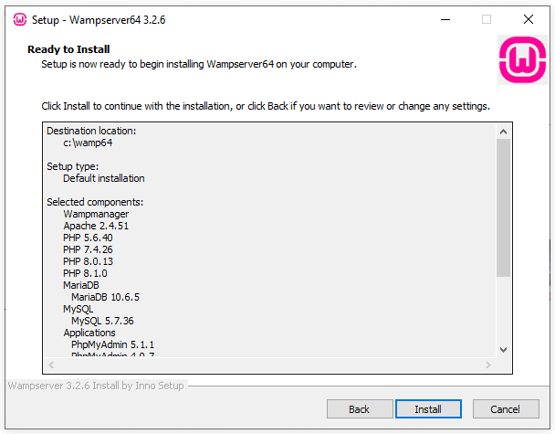 Finestra di installazione che informa che Wampserver64 è pronto per l'installazione.
