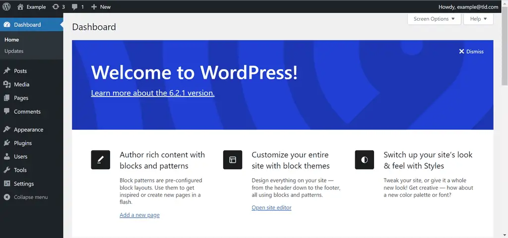 Il pannello di amministrazione di WordPress, dove gli utenti possono gestire pagine, pubblicare contenuti, aggiungere media, installare temi e plugin e così via.