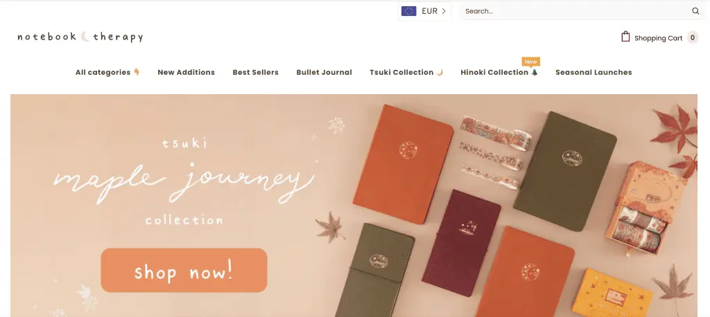 Homepage di Notebook therapy, un negozio in dropshipping che vende simpatici articoli di cancelleria.