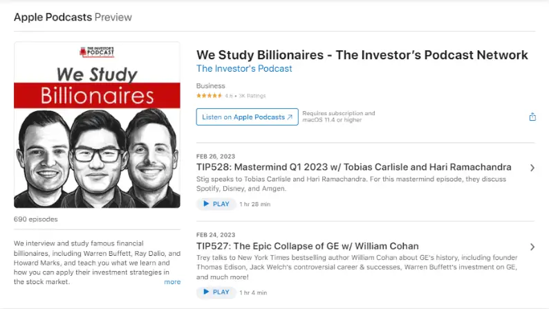 Il podcast We Study Billionaires di The Investor's Podcast Network sul sito web Podcast di Apple