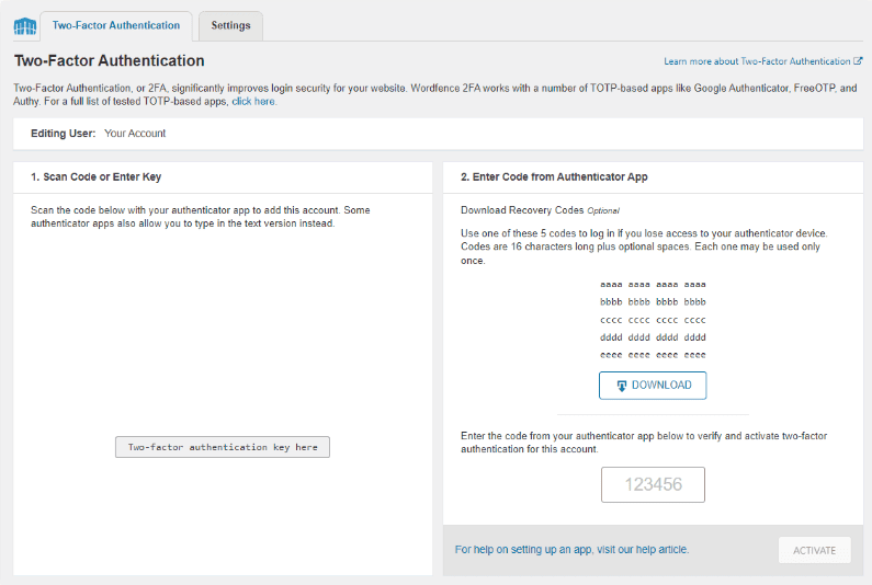 Screenshot della schermata di autenticazione a due fattori di WordPress
