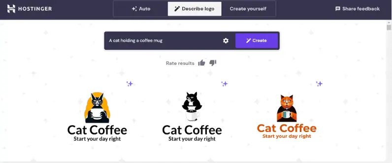 Utilizzo di Hostinger Logo Maker per creare il design del logo di un gatto che tiene in mano una tazza di caffè