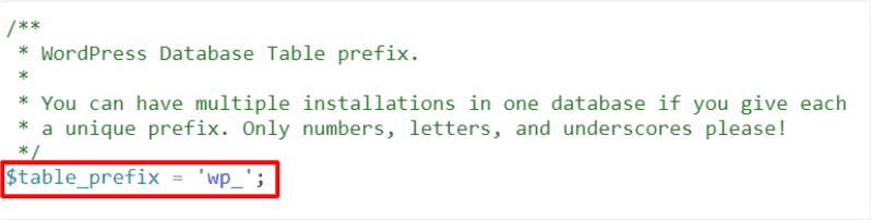 Screenshot che mostra il valore $table_prefix all'interno del codice