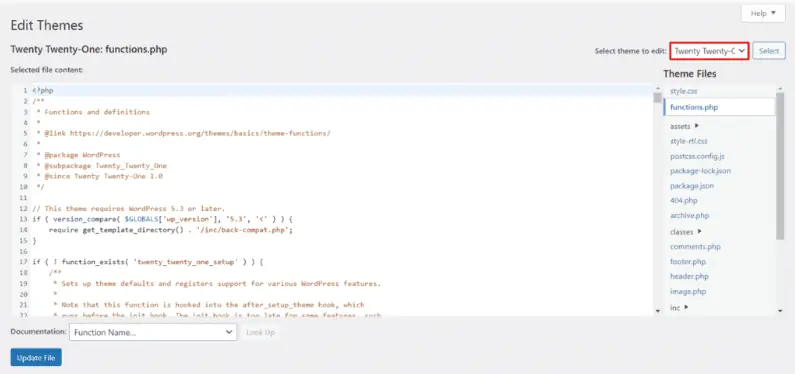 Screenshot che mostra il file Functions.php in fase di modifica