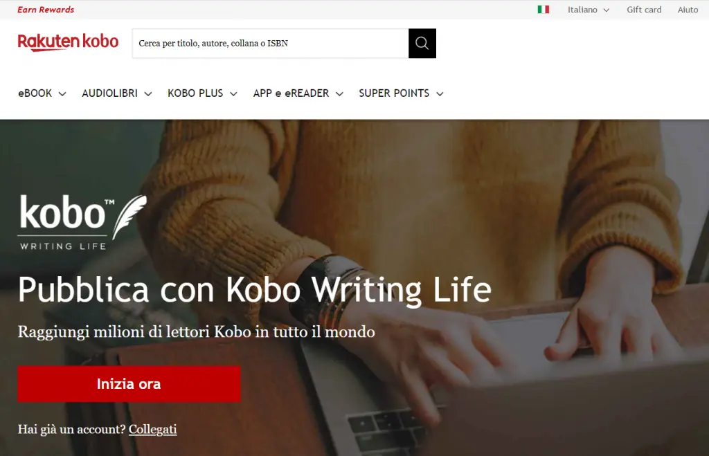 Homepage del sito web di Kobo writing life