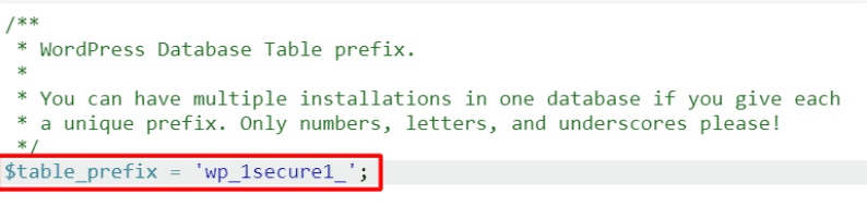 Screenshot che mostra un valore $table_prefix modificato