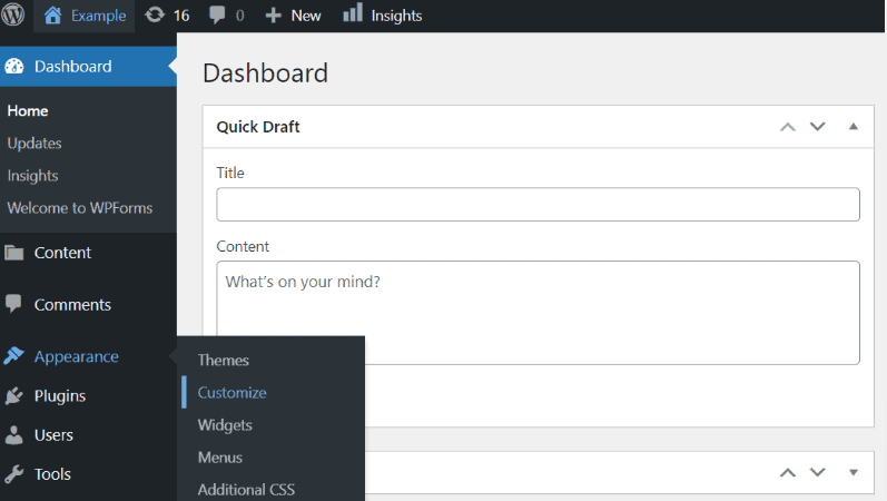 La dashboard di WordPress che evidenzia il menu Aspetto e il sottomenu Personalizza