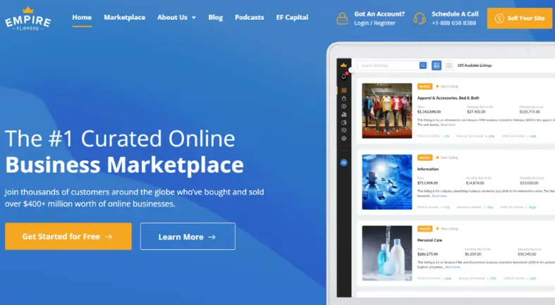 Homepage di Empire Flippers, un mercato di business online.