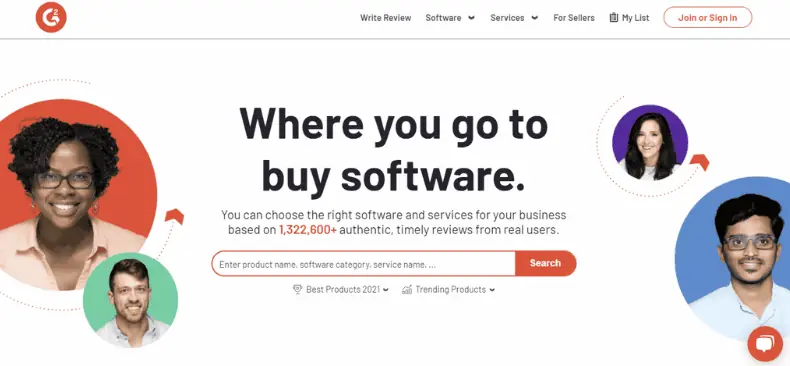 Homepage di G2, un sito web di recensioni di software e servizi aziendali