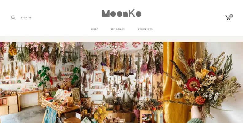Homepage di MoonKo, un negozio di fiori secchi con sede nel Regno Unito.