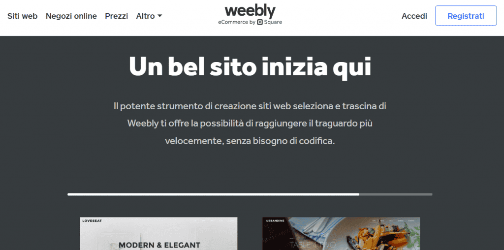 Homepage di Weebly